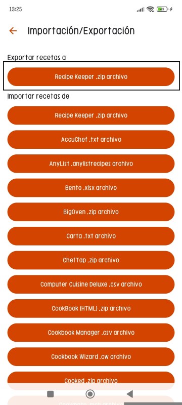 Export Recipes page of Recipe Keeper